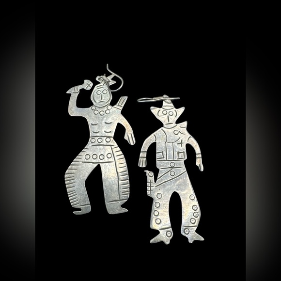 Vintage Taxco Sterling Silver Cowboy And Native Dangle Earrings 2 3/4”